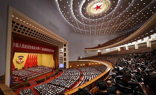 中정협 폐막식장 (AP=연합뉴스) 중국 최고 국정자문기관인 전국인민정치협상회의(정협) 폐막식이 시진핑 국가주석과 리커창 총리 등이 참석한 가운데 12일(현지시간) 베이징의 인민대회당에서 거행되고 있다.