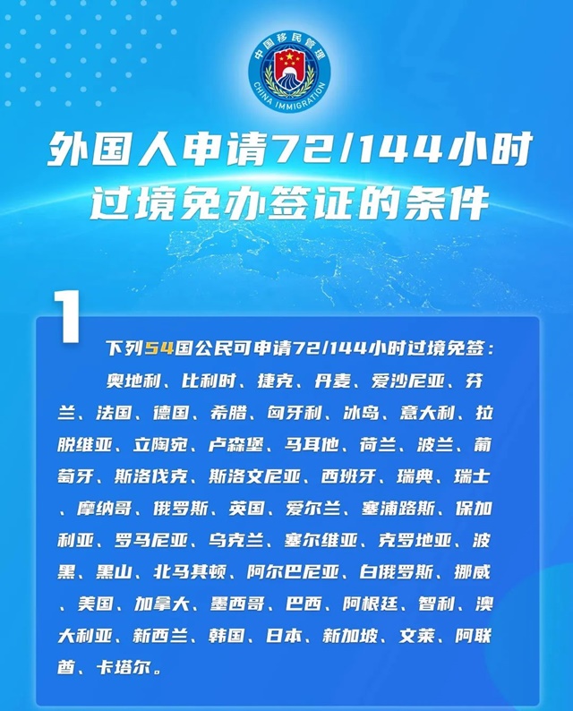 中 144시간 경유 무비자 정책 적용 54개국으로 확대